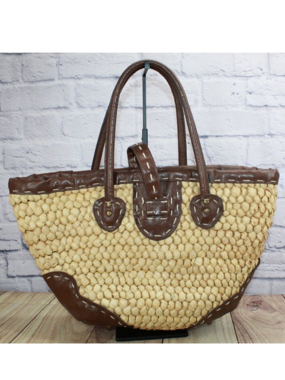 Straw Studios Women’s Straw Double Handles Tote Bag Tan Vegan Leather Boho Beach